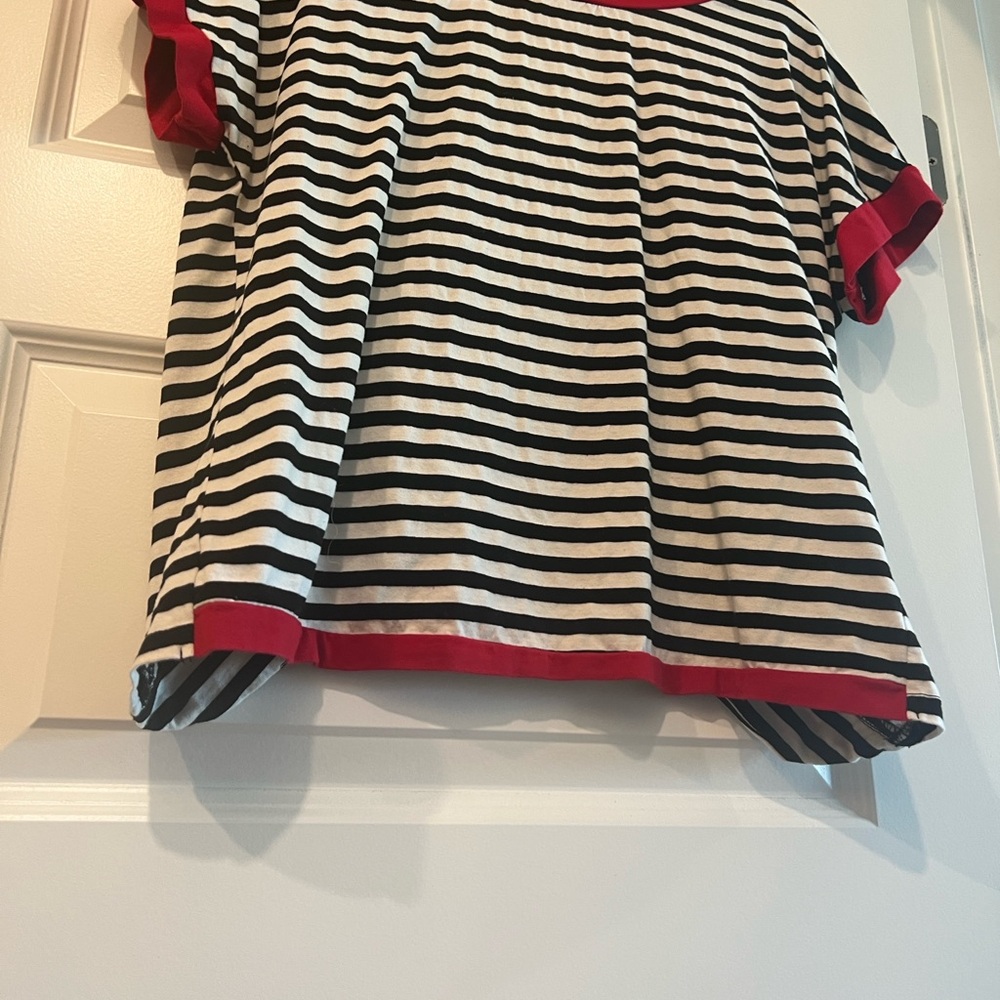 Women's Black & White Striped Short Sleeve Tee with Pink Trim - Picture 13 of 15
